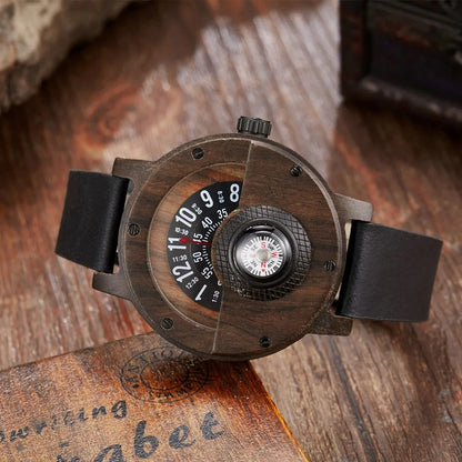 Stylish men's quartz wood watch, showcasing a unique design and comfortable leather strap.