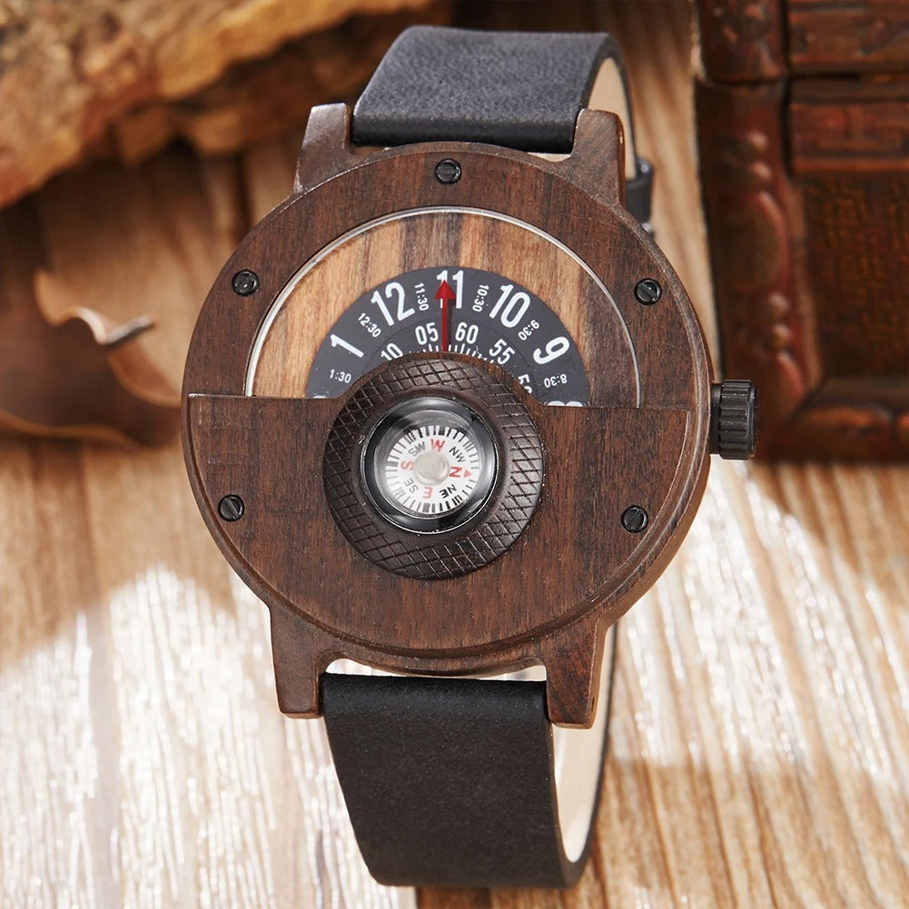 Close-up: Men's unique wood watch with light brown leather band, displaying the compass face.