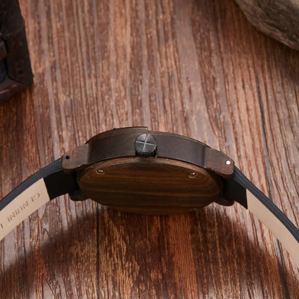 Gift for him: Men's casual wood watch with durable leather strap and eye-catching rustic style.