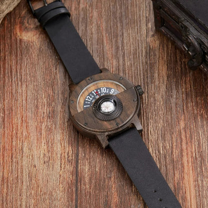 Distinctive men's bamboo wood watch, paired with a dark brown leather strap, unique timepiece.