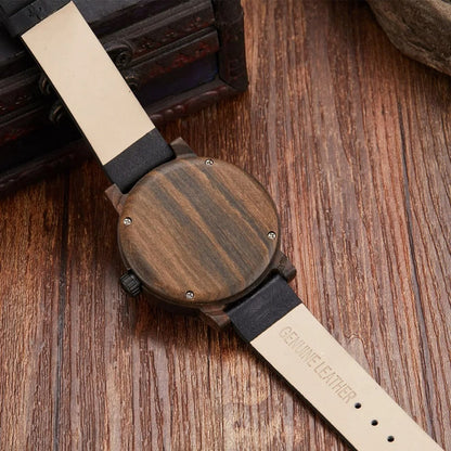 Elegant men's wood watch with a classic leather band and precise quartz movement.