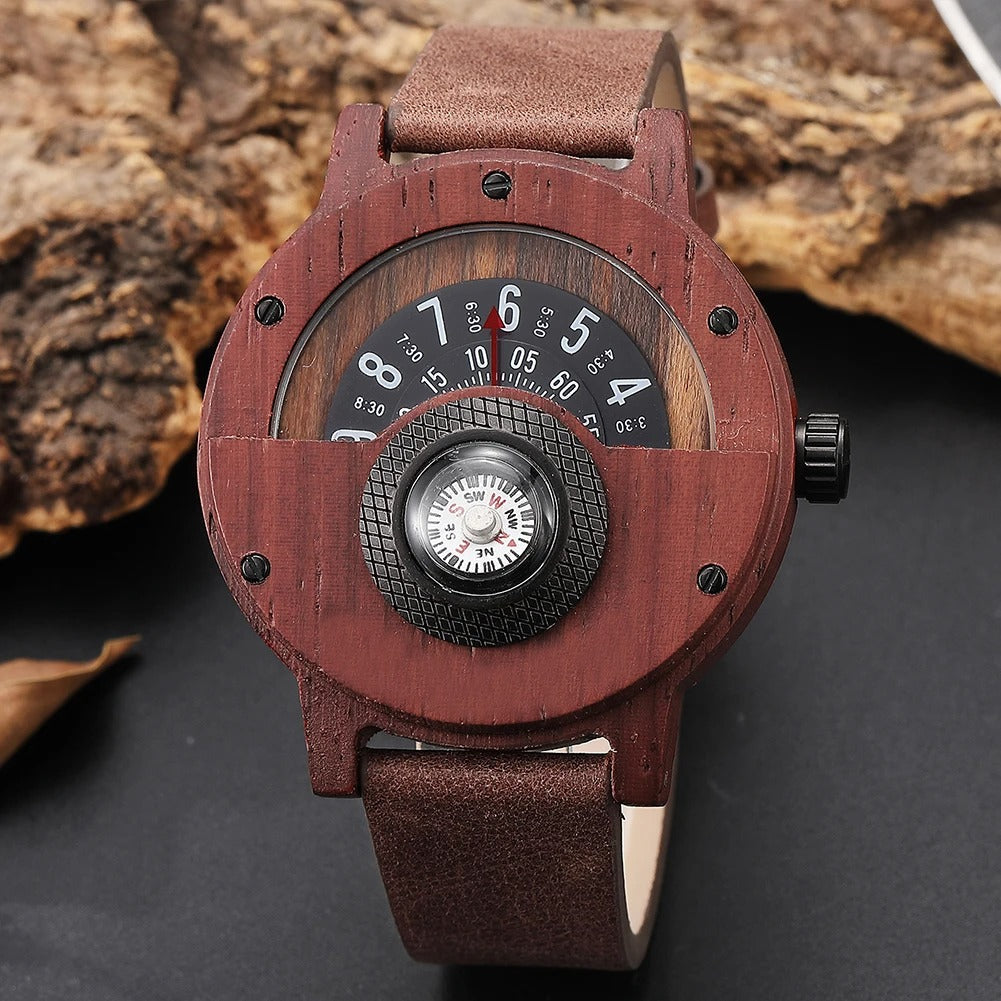 Men's rustic wood watch featuring an innovative compass design on the dial & supple leather band.