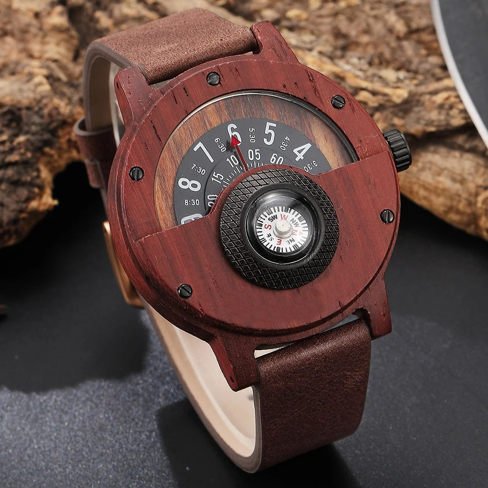 Men's unique wood watch on a wrist, showing its leather strap and wooden casing for a rustic look.