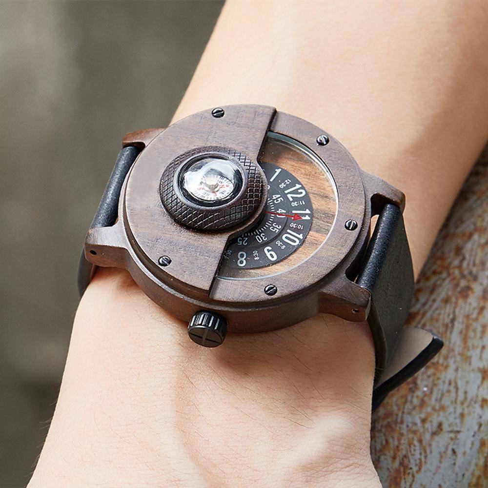 Men's unique wooden quartz watch with turntable compass dial & genuine leather strap, eco-friendly gift