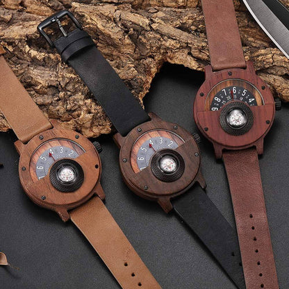 Close-up of men's eco-friendly wooden watch, featuring a distinctive turntable compass dial & quartz movement