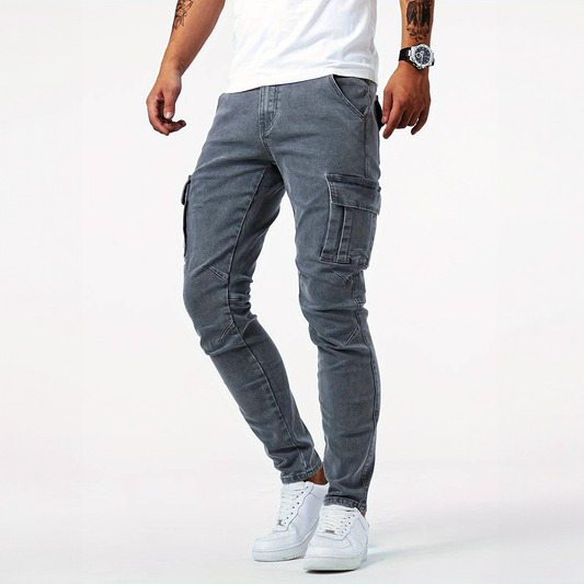 Men's Urban Cargo Jeans: close-up of fabric texture, functional pockets, and modern urban style details.