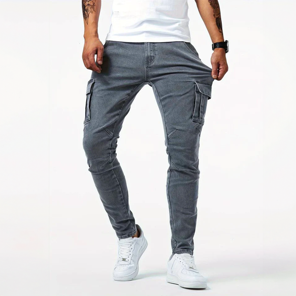 Model wearing Men's Urban Cargo Jeans, showcasing comfortable fit & versatile urban style for streetwear.