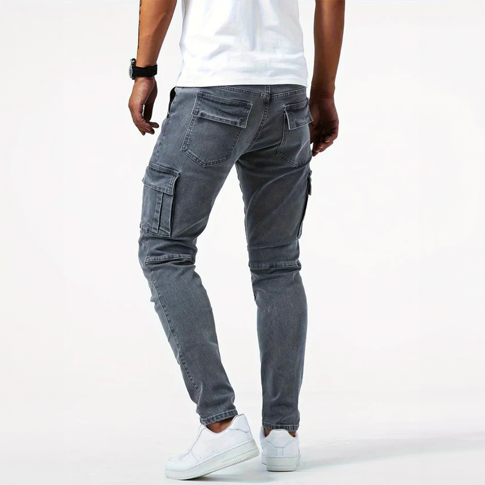 Stylish dark wash Men's Urban Cargo Jeans, perfect for everyday wear, comfort, and modern men's fashion.