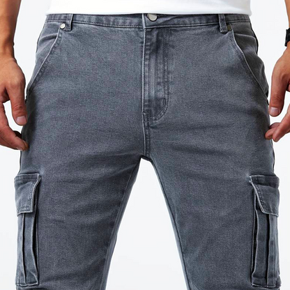 Detailed view of durable Men's Urban Cargo Jeans with spacious, functional cargo pockets for urban style.