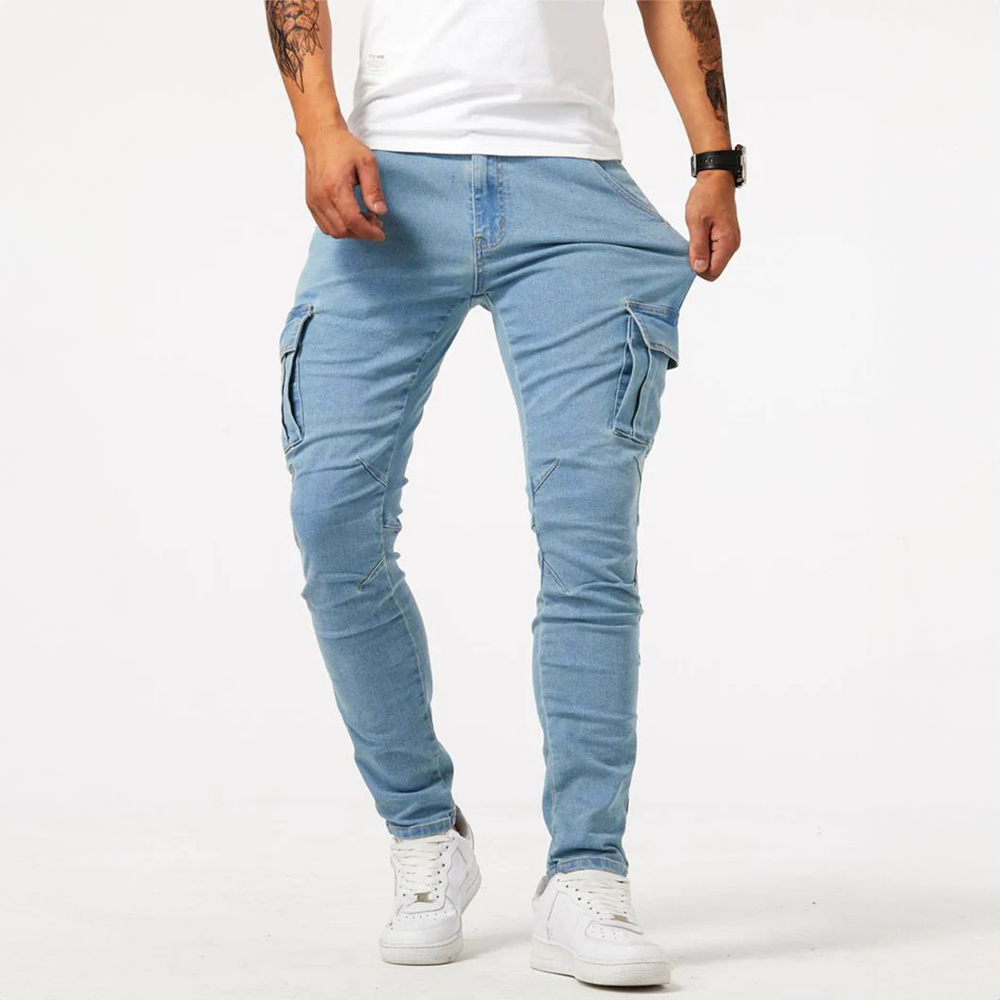 Men's urban cargo jeans with practical multi-pockets, offering style & comfort for everyday men's clothing.
