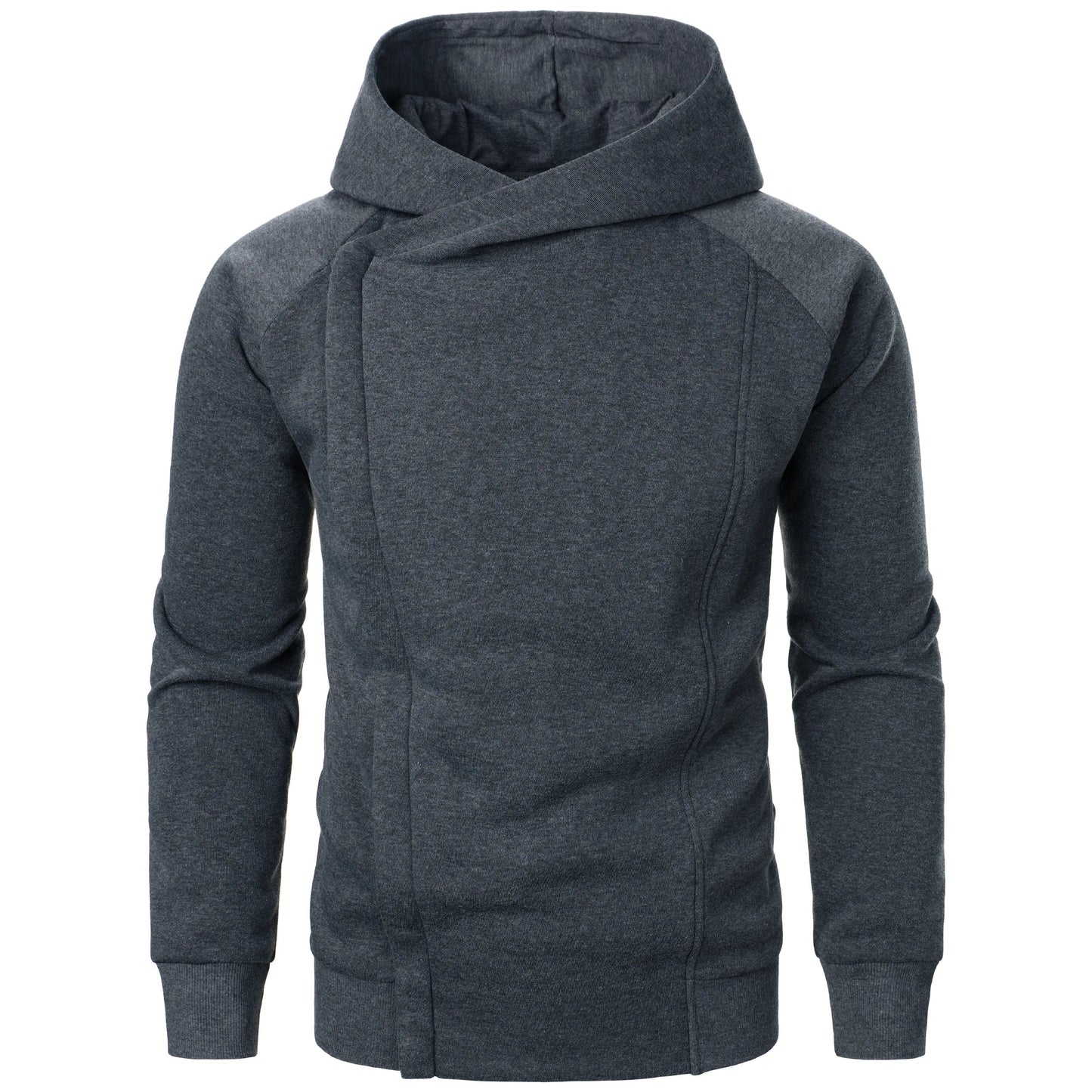 Stylish men's zip hoodie with crossover hood, ideal for urban minimalist fashion & athletic comfort.
