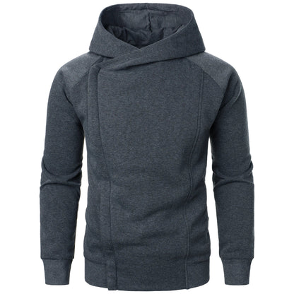Stylish men's zip hoodie with crossover hood, ideal for urban minimalist fashion & athletic comfort.