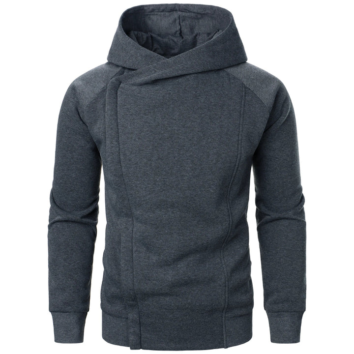 Stylish men's zip hoodie with crossover hood, ideal for urban minimalist fashion & athletic comfort.