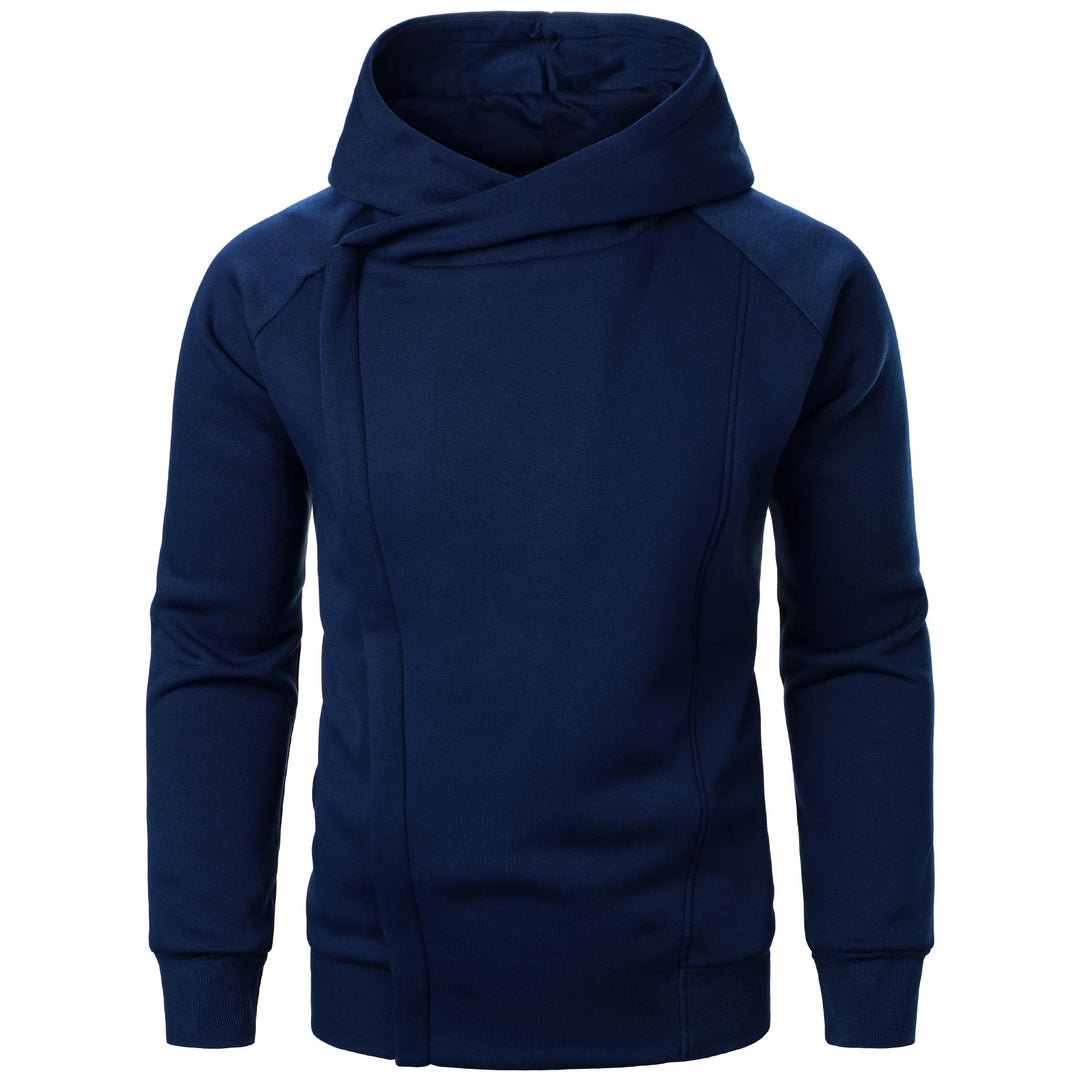Sleek men's zip hoodie featuring a unique crossover hood, perfect for modern urban and casual styles.
