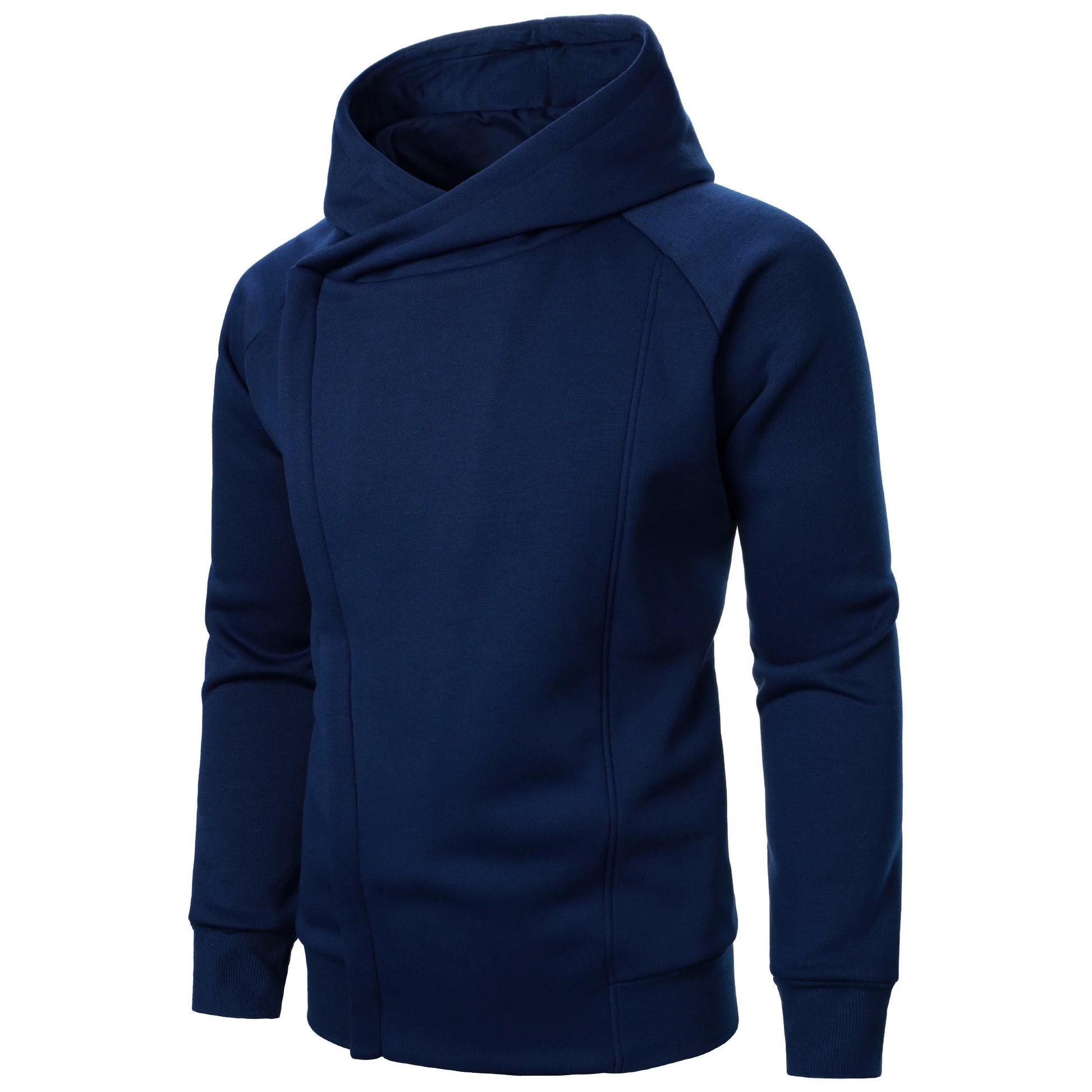 Minimalist men's zip hoodie with crossover hood, offering a modern urban fit for sleek athletic style.