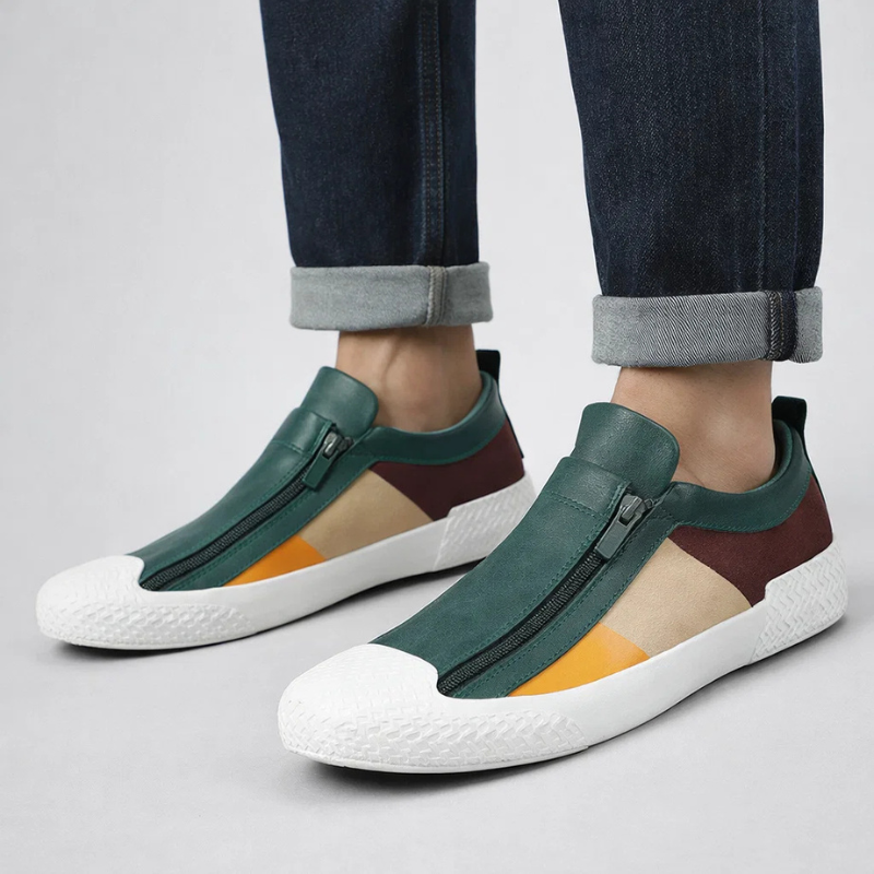 Men's fashion sneakers, urban style, featuring a trendy color block design & zipper closure.