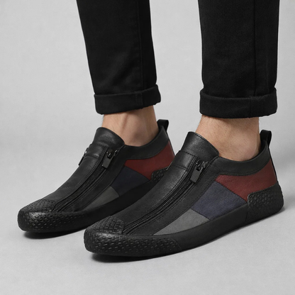 Cushioned men's urban sneakers with unique zipper closure, combining comfort & modern style.