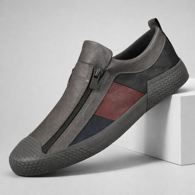 Men's street style sneakers with cushioned insoles, a fashionable color block, and convenient zipper.