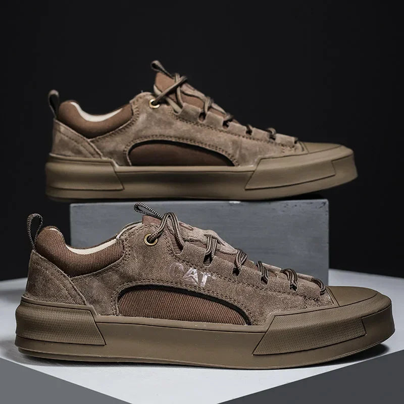Top-down view: Khaki men's comfort sneakers, versatile for casual and outdoor activities.
