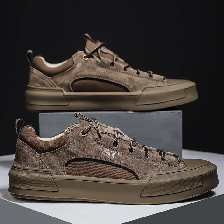 Top-down view: Khaki men's comfort sneakers, versatile for casual and outdoor activities.