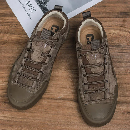 Durable men's sand colored sneakers, comfortable for urban exploration and casual wear.