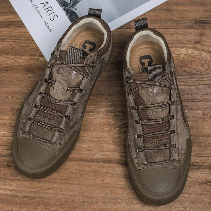 Durable men's sand colored sneakers, comfortable for urban exploration and casual wear.