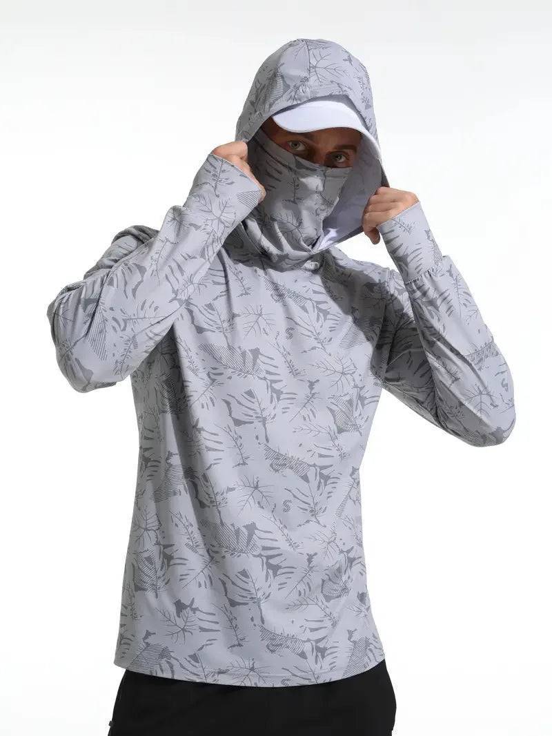 Dark colored men's quick dry hoodie, SPF, suitable for fishing, hiking, and outdoor sports.