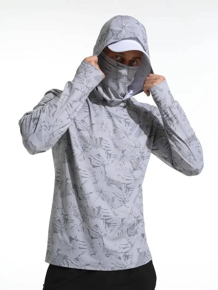Dark colored men's quick dry hoodie, SPF, suitable for fishing, hiking, and outdoor sports.