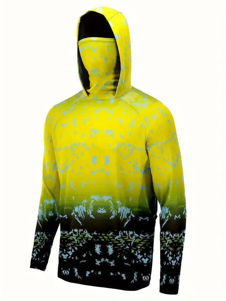 Men's UV protection performance hoodie in blue, perfect for fishing and outdoor adventures.