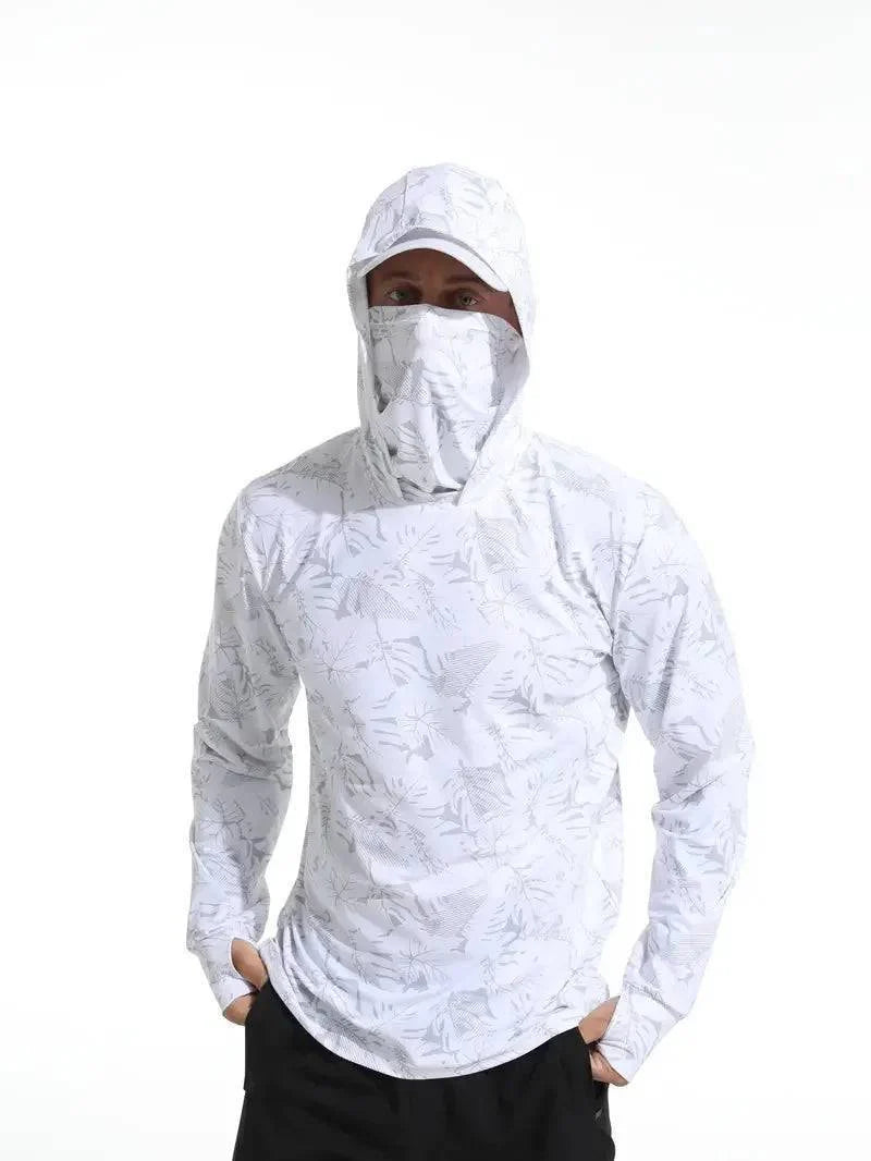 Active men's UV protection long sleeve hoodie, high performance for all outdoor elements.