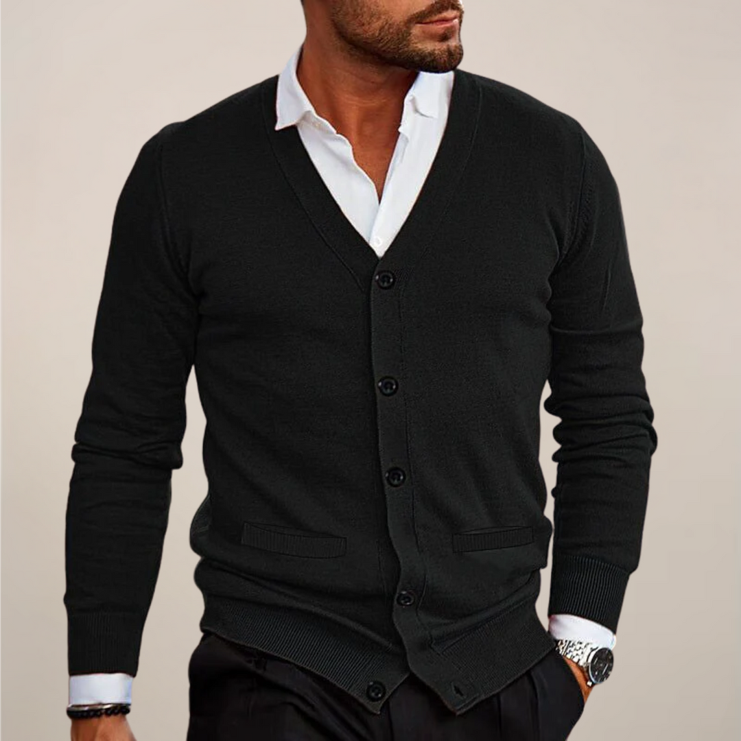 Men's V-neck button cardigan. Smart casual knitwear, perfect for layering, office wear, or fall fashion.
