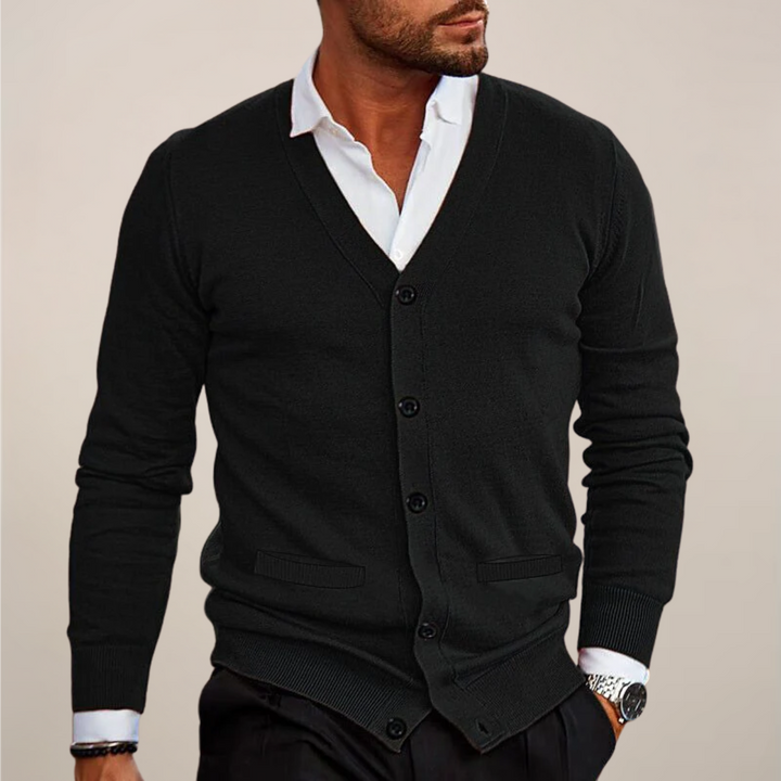 Men's V-neck button cardigan. Smart casual knitwear, perfect for layering, office wear, or fall fashion.