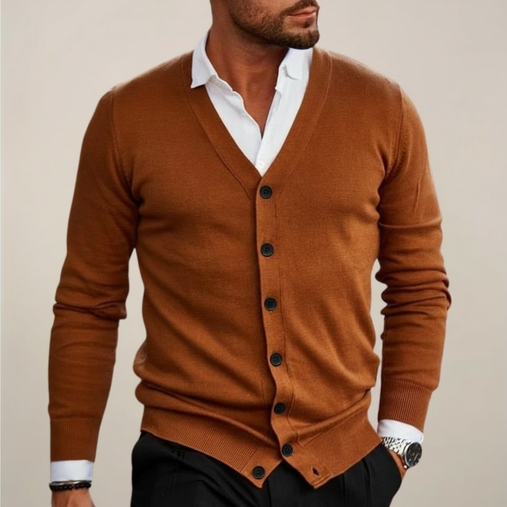 Stylish men's V-neck button cardigan, a smart casual layering piece for office wear & essential fall fashion.
