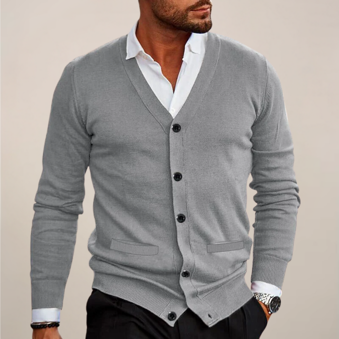 Classic men's V-neck button cardigan. Essential smart casual knitwear for versatile layering, office & fall.