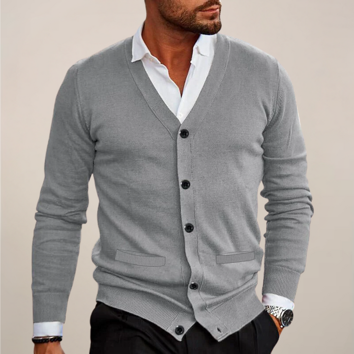 Classic men's V-neck button cardigan. Essential smart casual knitwear for versatile layering, office & fall.