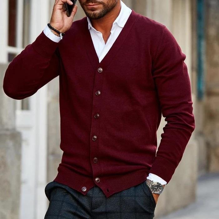 Men's V-neck button-front knit cardigan, perfect for smart casual layering in fall/winter fashion.