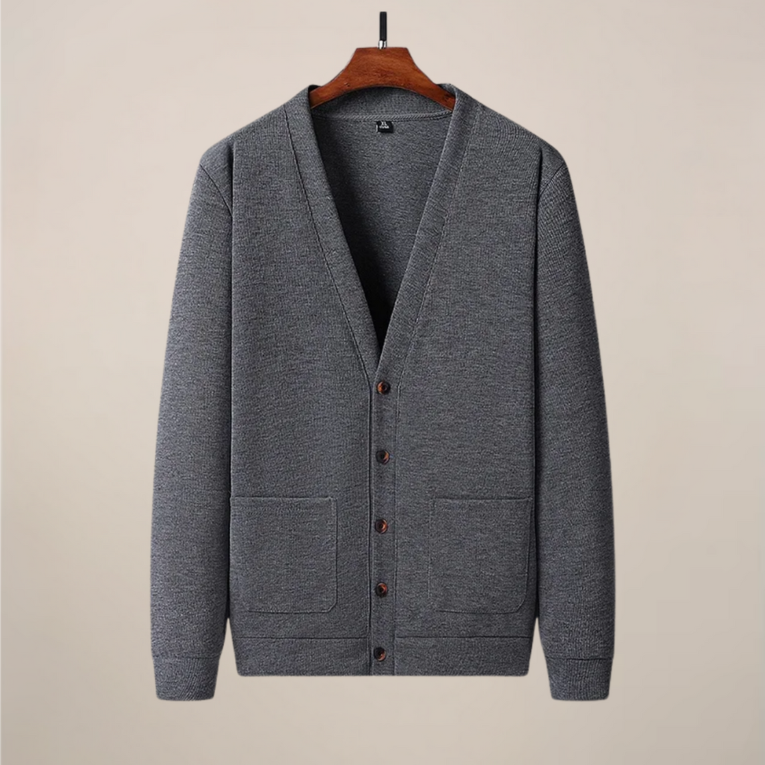 Men's V-neck knit cardigan in dark gray with front buttons & spacious pockets for smart casual everyday style.
