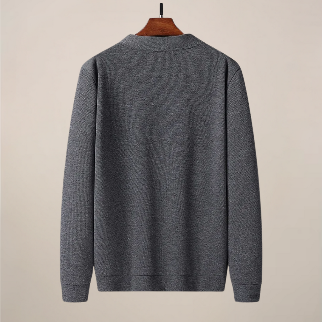 Stylish men's knit V-neck cardigan with soft texture, front buttons & practical pockets, perfect for layering.