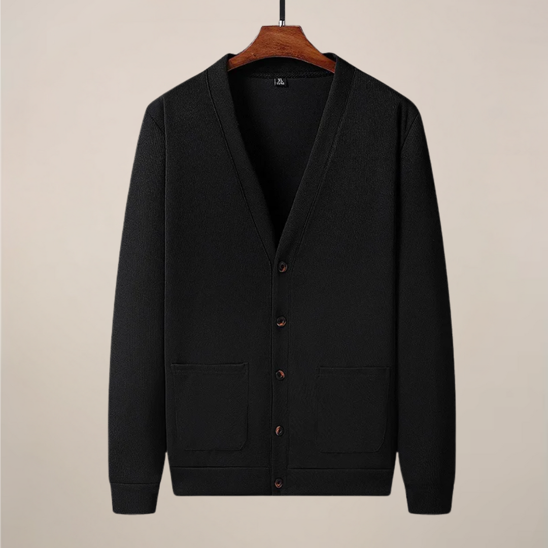 Close-up of a men's V-neck knit cardigan showing button details and functional pockets for easy wear.
