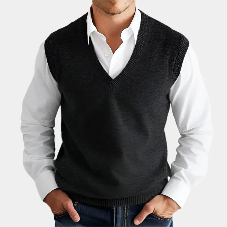 Men's V-Neck Knit Vest in a classic grey, perfect for stylish layering in smart casual or office wear.