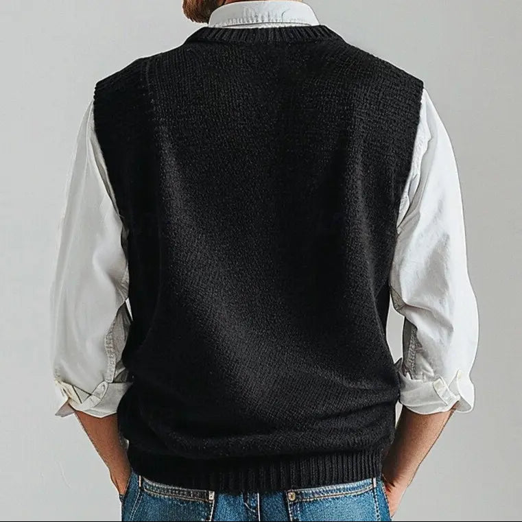 Sophisticated men's V-neck pullover knit vest, offering a timeless look for office or smart casual outfits.