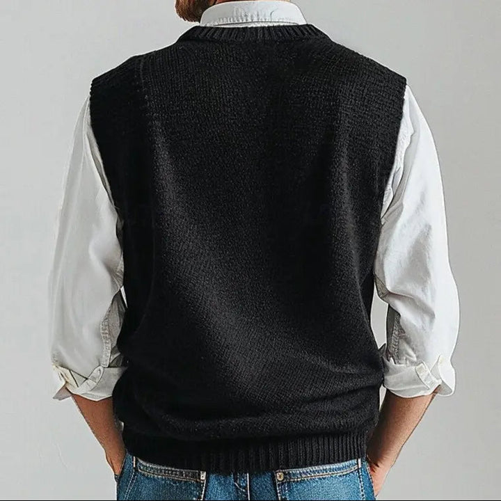 Sophisticated men's V-neck pullover knit vest, offering a timeless look for office or smart casual outfits.