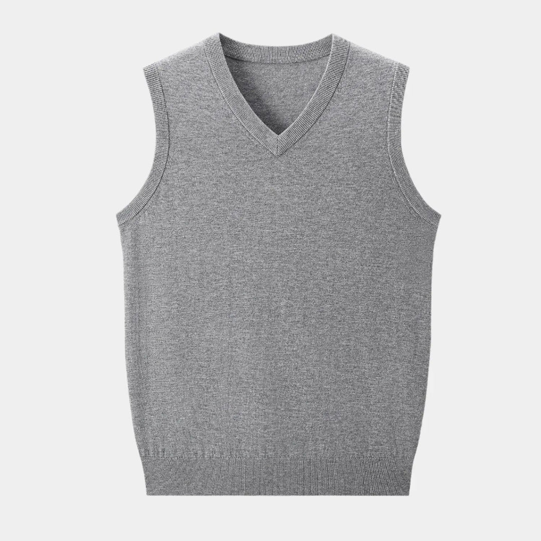 Male fashion V-neck knit vest, an essential apparel piece for versatile smart casual and office wear layering.