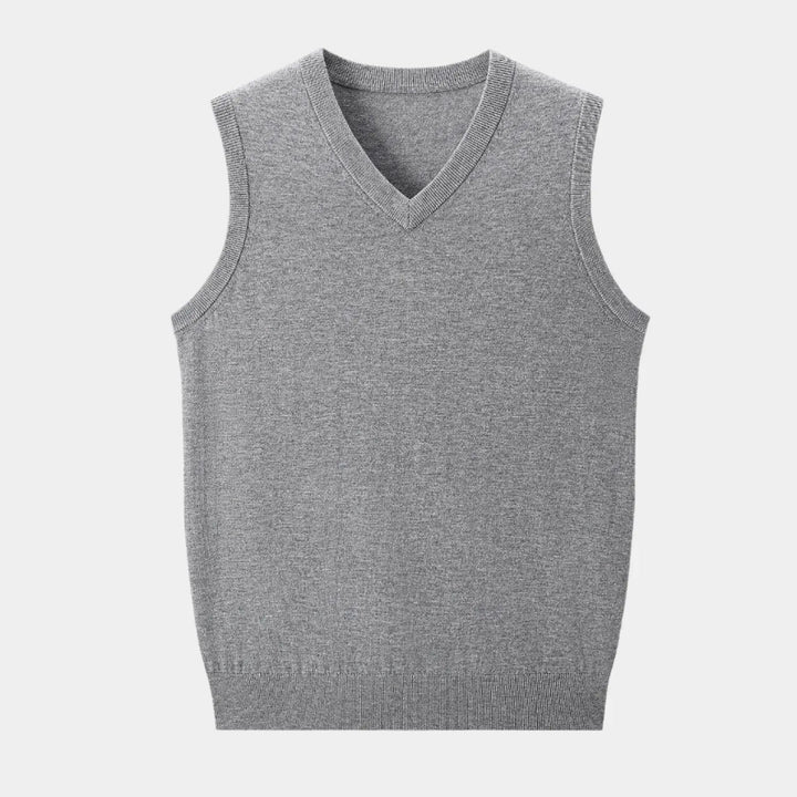 Male fashion V-neck knit vest, an essential apparel piece for versatile smart casual and office wear layering.