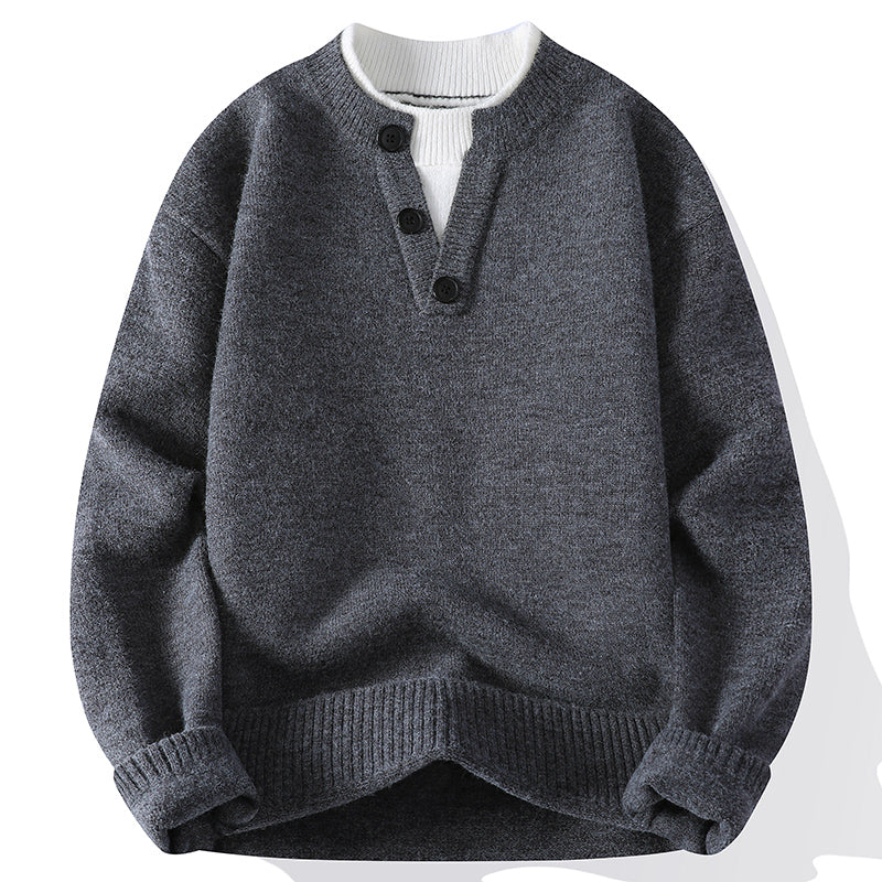 Close-up of a men's v-neck pullover sweater, highlighting the relaxed fit & comfortable long sleeves for casual wear.