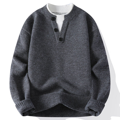 Close-up of a men's v-neck pullover sweater, highlighting the relaxed fit & comfortable long sleeves for casual wear.