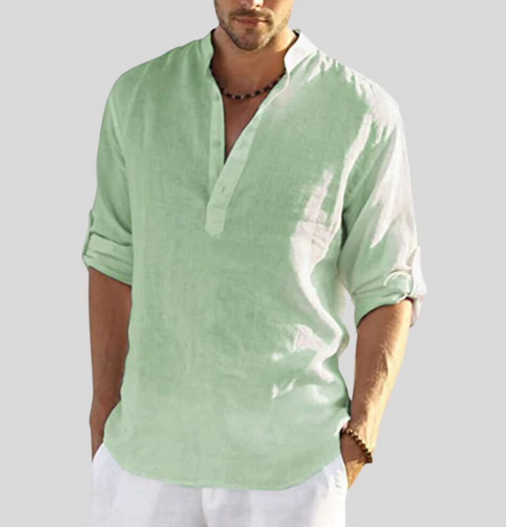 Men's V-neck short sleeve button-up shirt for summer. Lightweight & relaxed fit, ideal for casual wear.