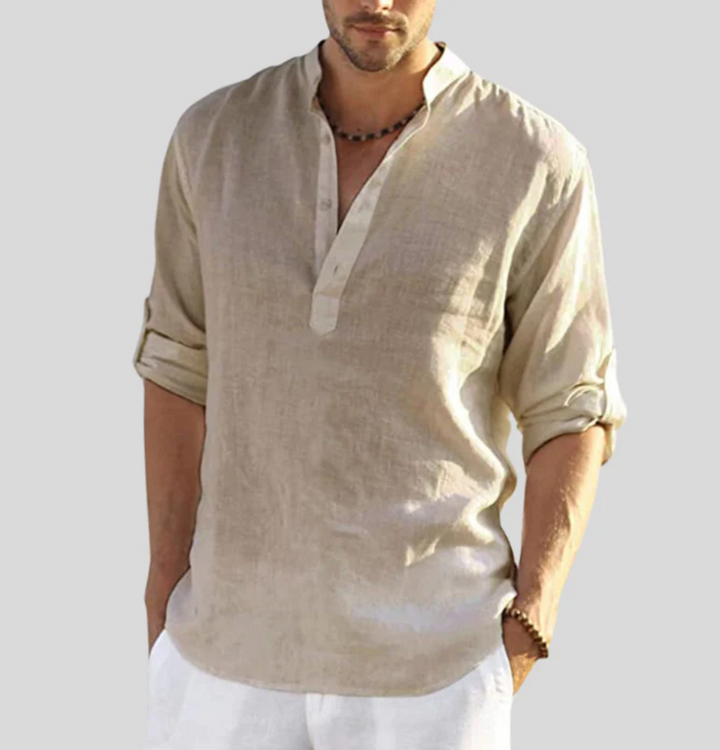 Stylish men's short sleeve V-neck button-up shirt. Perfect lightweight casual wear for warm summer days.