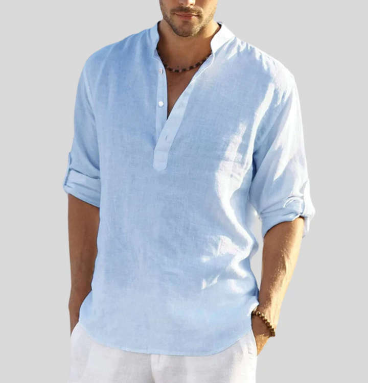 Versatile men's V-neck short sleeve button-up shirt. Lightweight for casual & smart casual summer fashion.