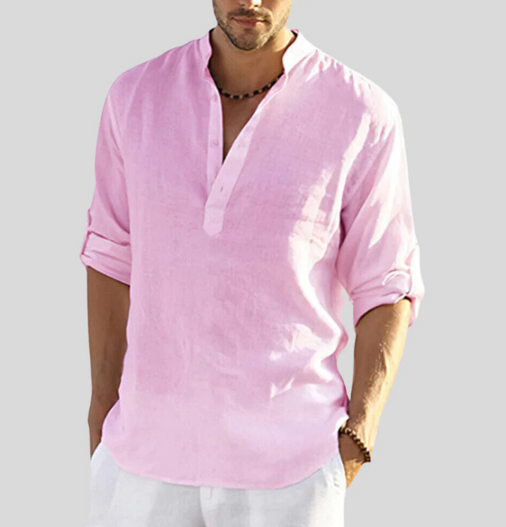 Men's classic V-neck short sleeve button-up shirt. Versatile, lightweight top, perfect for everyday summer casual wear.